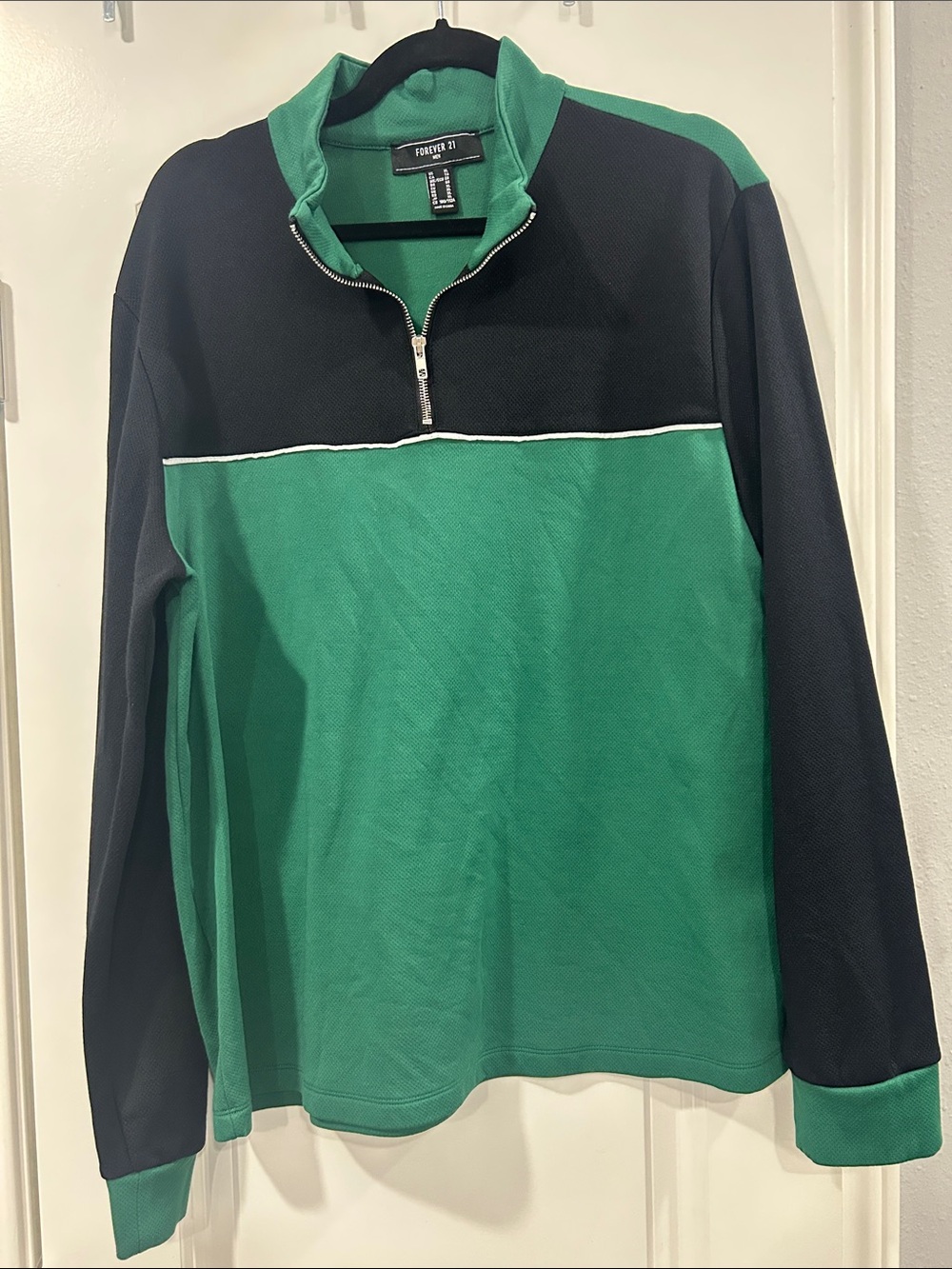 Forever 21 Men’s Green and Black Half-Zip Pullover with White Piping
